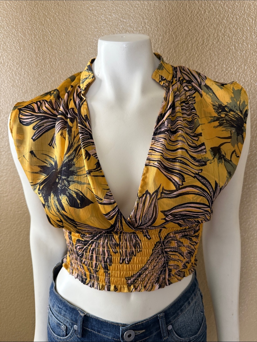Guess Yellow Floral V-Neck Smocked Crop Top